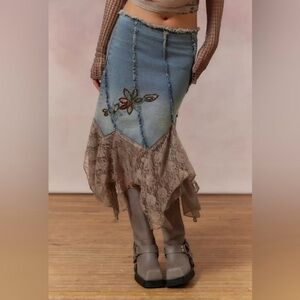 Kimchi Blue urban outfitters Asymmetrical Denim Lace beaded Skirt medium